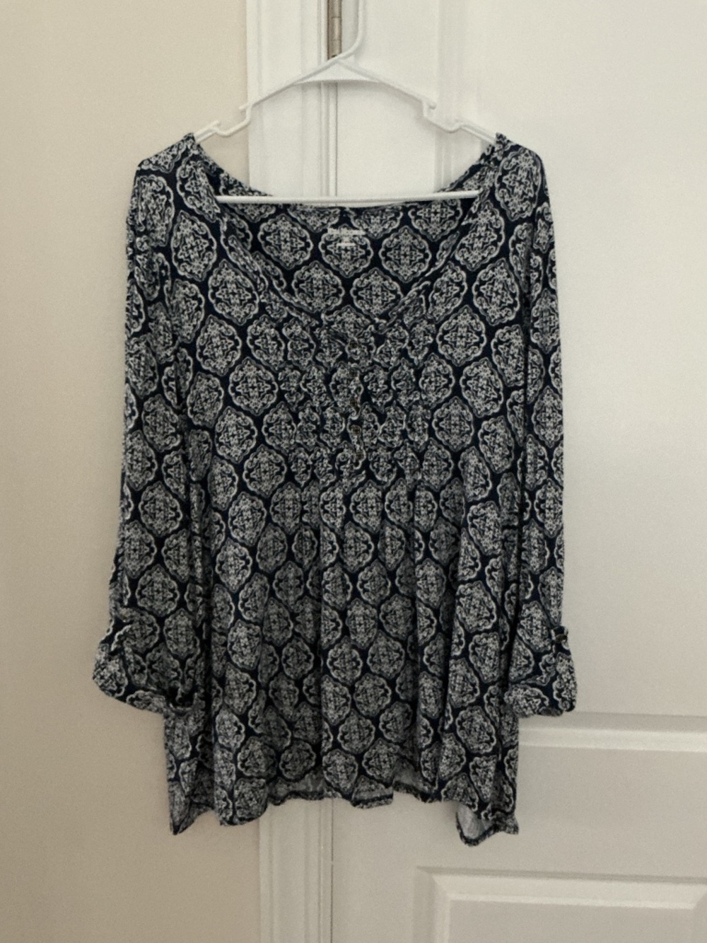 Kim Rogers Popover Shirt Top Womens Size 2X Navy White Roll Tab Sleeve Design